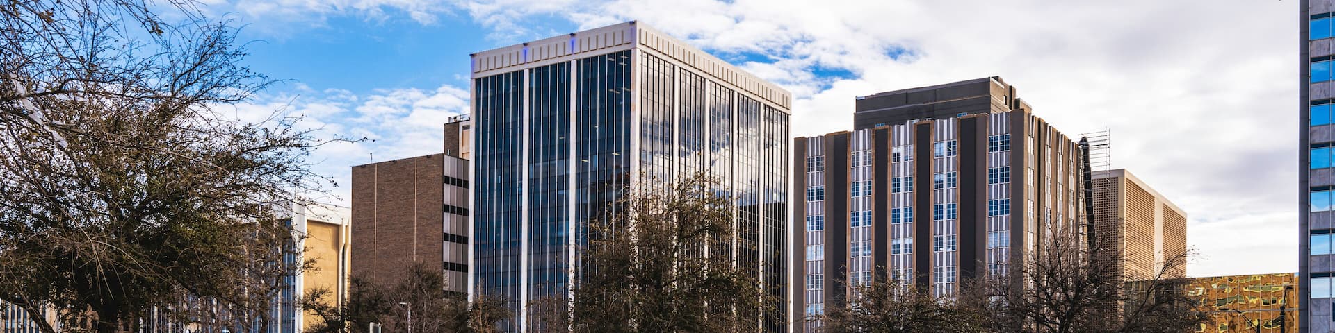 Midland Texas city skyline and downtown skyscrapers with dramatic cloudy blue sky and tree branches