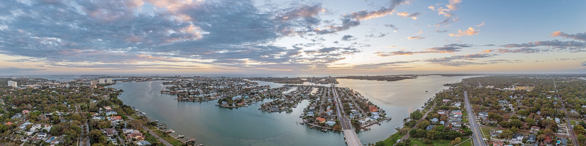 Drone panorama over South Causeway Isles and Treasure Island in St. Petersburg in Florida during sunset