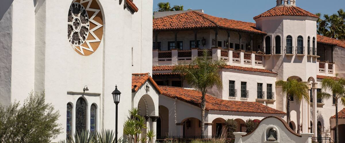 Daytime view of a historic church in the urban core of Costa Mesa, California, USA.