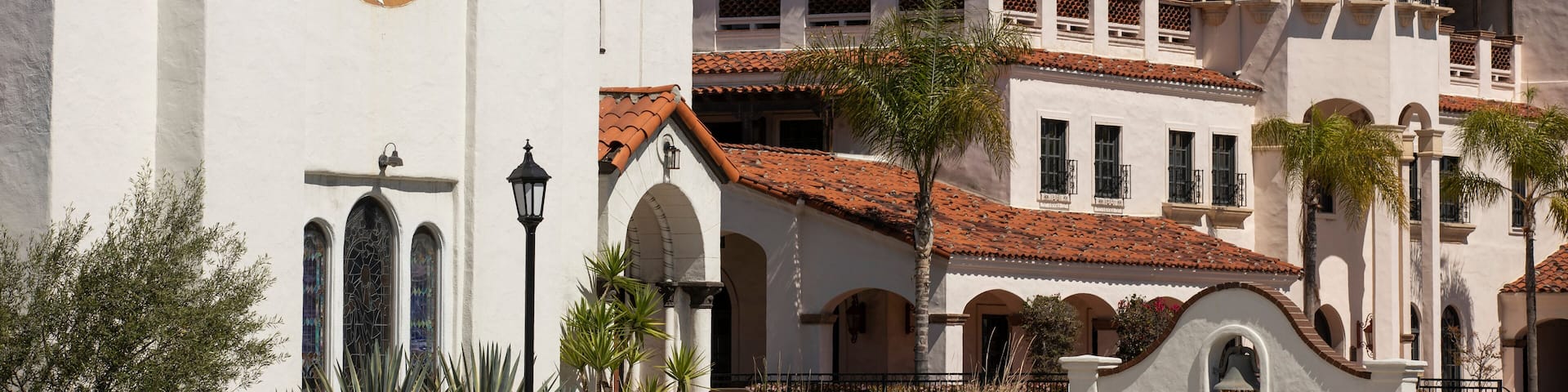 Daytime view of a historic church in the urban core of Costa Mesa, California, USA.