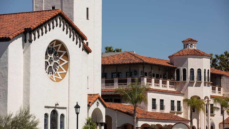 Daytime view of a historic church in the urban core of Costa Mesa, California, USA.
