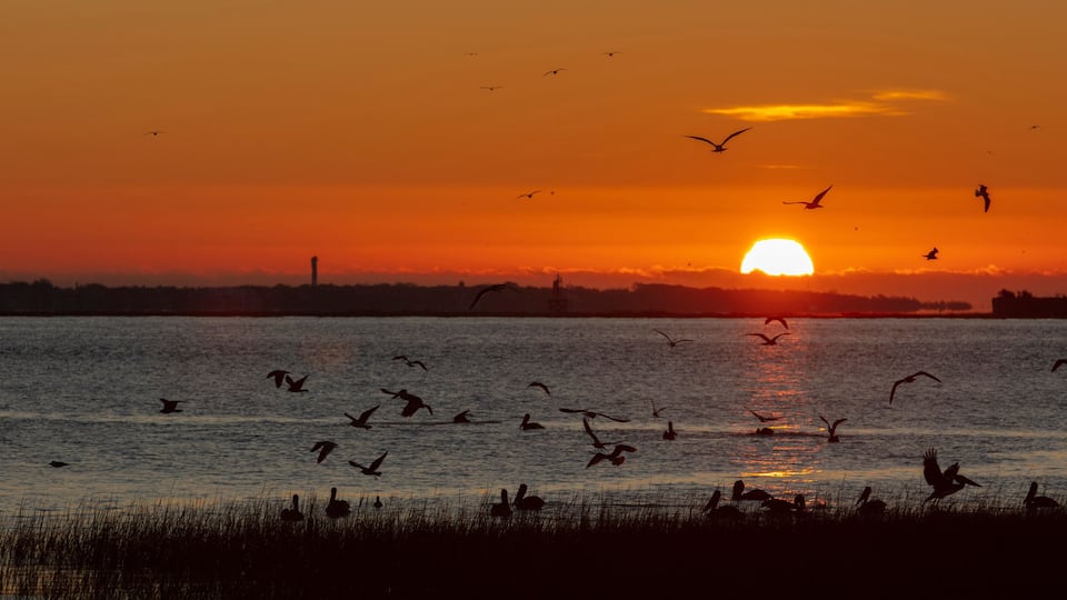 Charleston, South Carolina, United States, November 2019, the sunrise over Charleston Harbour bay looking in the direction of Fort Sumter