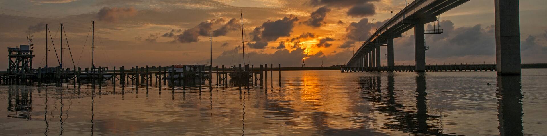John Gorrie Memorial Bridge over Apalachicola Bay at sunset, Florida, USA
