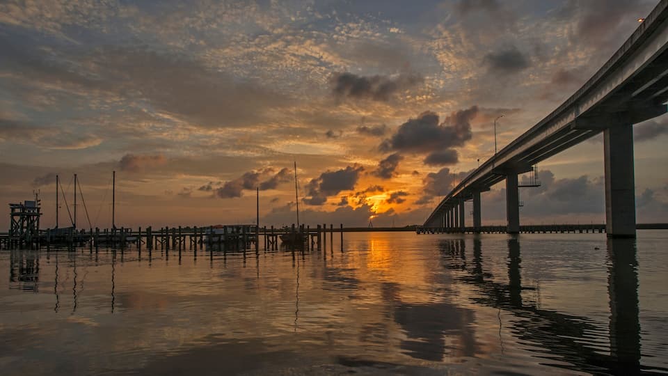 John Gorrie Memorial Bridge over Apalachicola Bay at sunset, Florida, USA