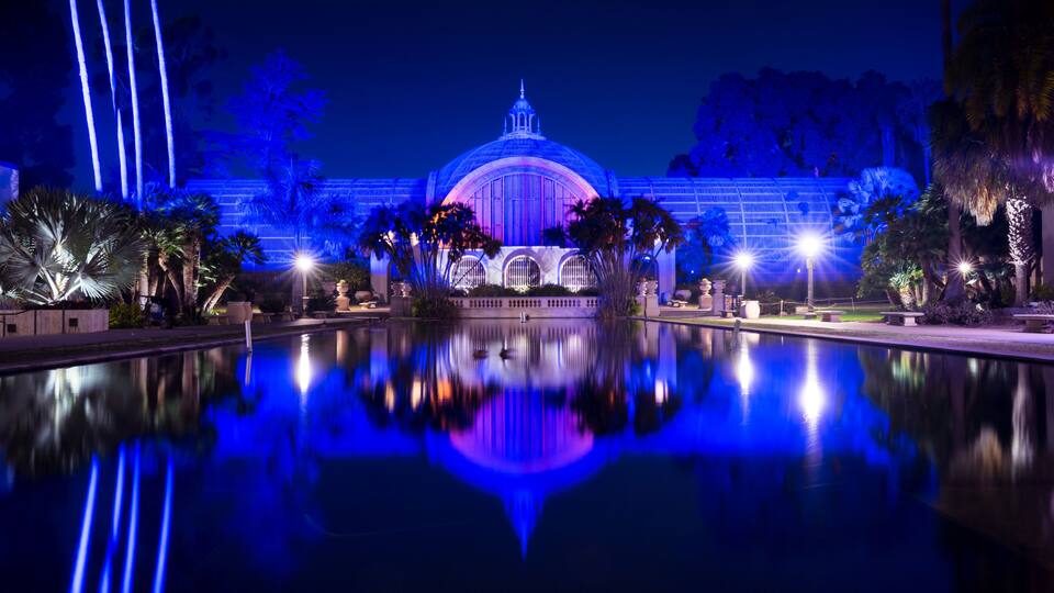 Balboa Park, San Diego, California, USA, at night, long exposure.