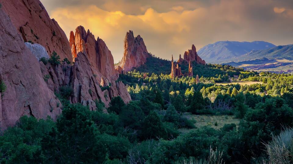 Garden of the gods rock formations with threatening clouds, near Colorado Springs, Colorado.