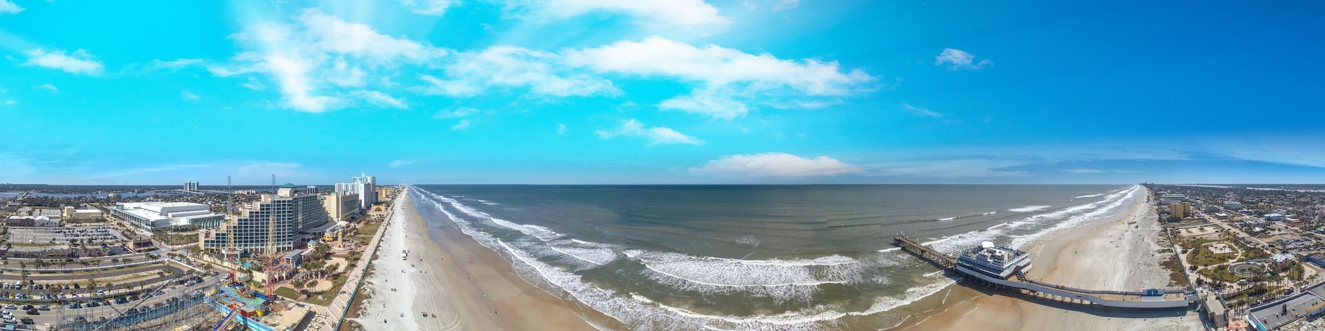 Daytona Beach coastline at sunset, beautiful panoramic view of Florida
