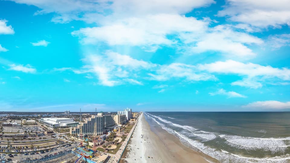 Daytona Beach coastline at sunset, beautiful panoramic view of Florida