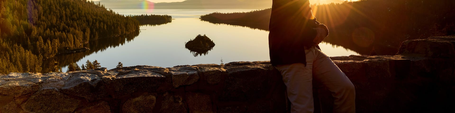 A tourist man bathing sunrise at Emerald Bay, Lake Tahoe, California