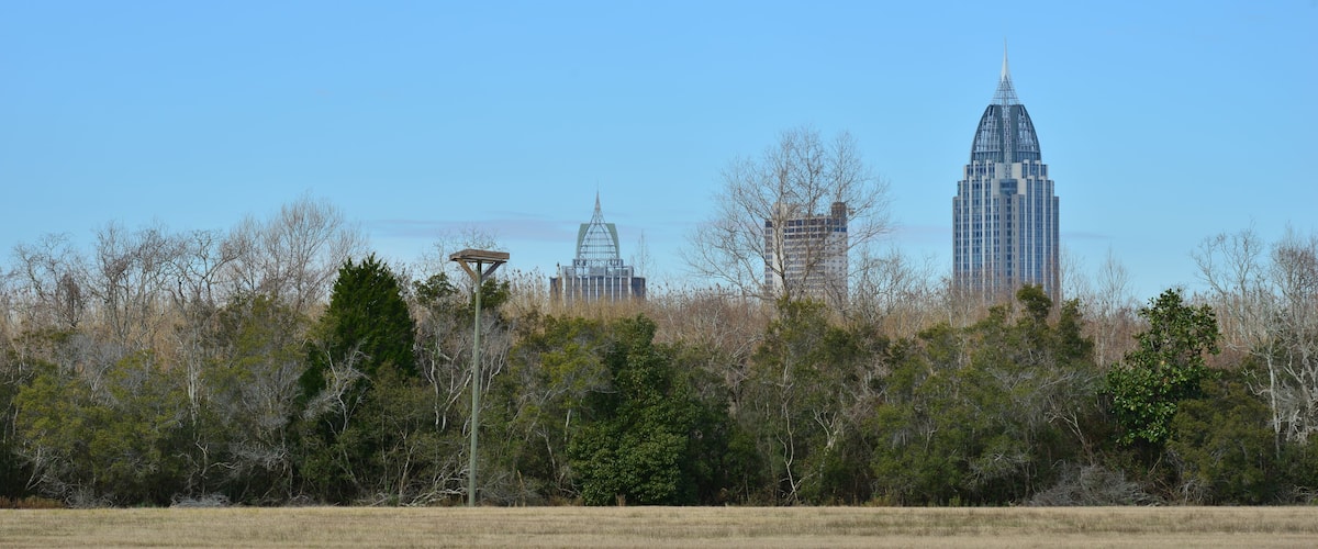 Mobile city Skyline from a park view.
