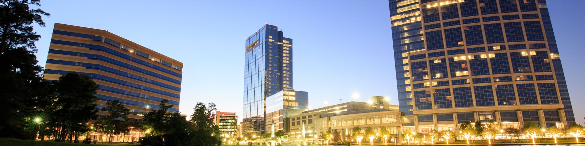 Night landscape building in Woodlands area, Houston, Texas