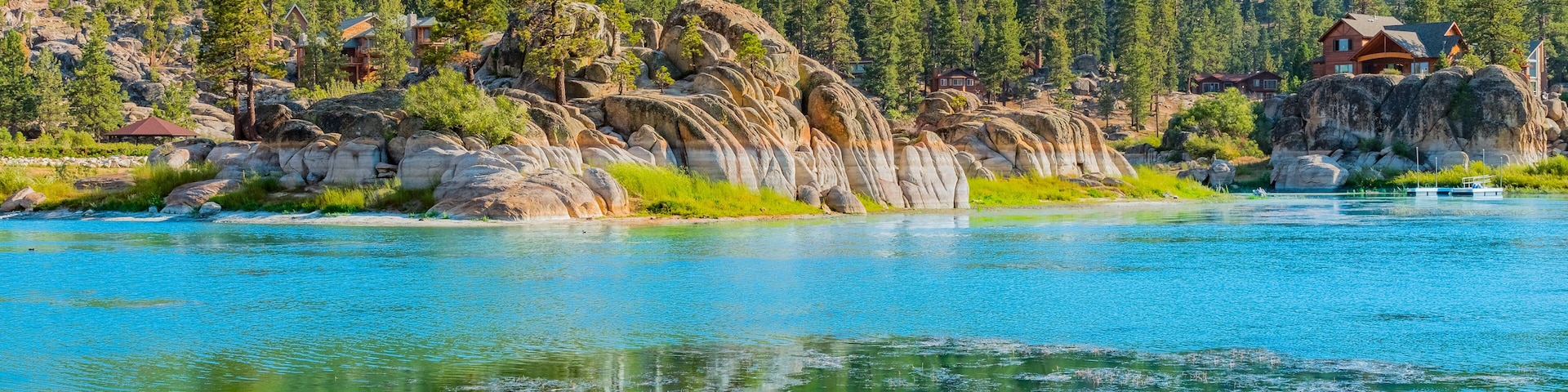 Boulder Bay at Big Bear Lake is filled with color and water.