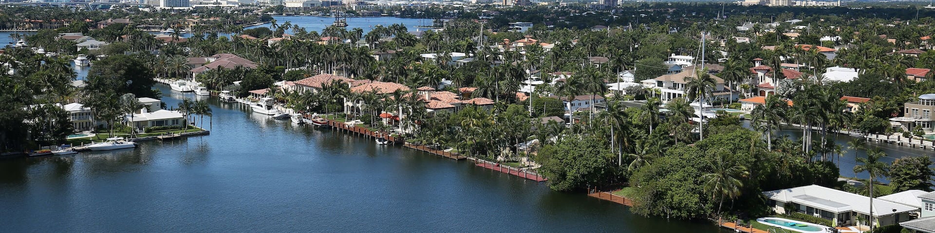 Aerial view of Fort Lauderdale's skyline and waterway canals