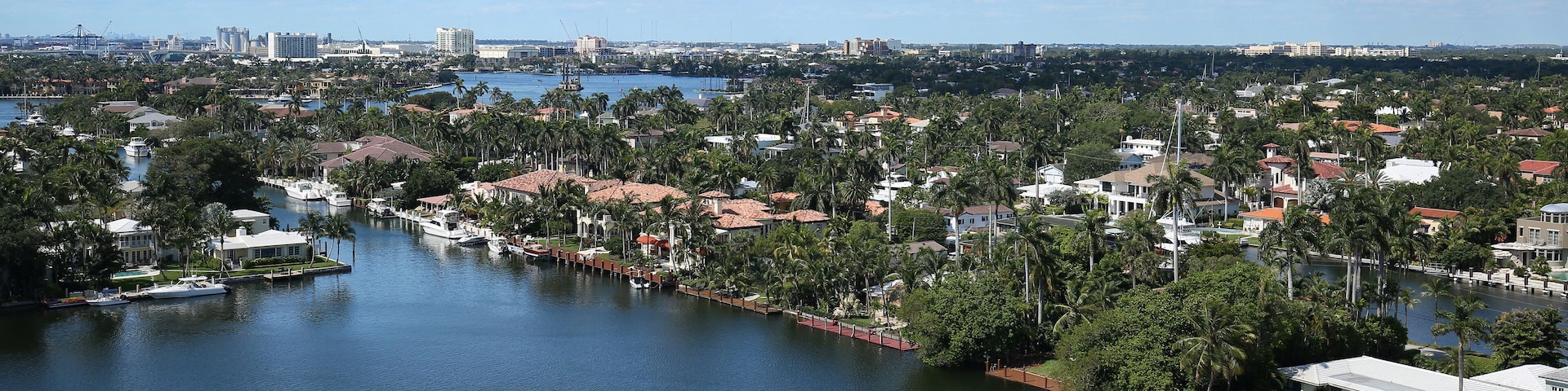 Aerial view of Fort Lauderdale's skyline and waterway canals