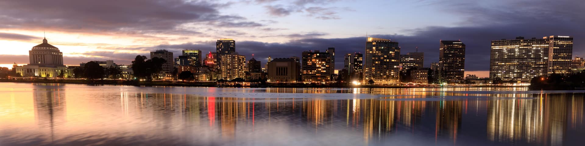 Vibrant twilight over Downtown Oakland via Lake Merritt