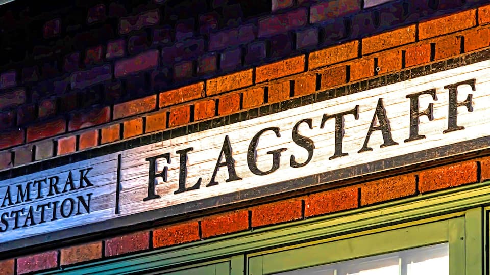 Downtown Flagstaff Arizona with San Francisco Peaks in rear