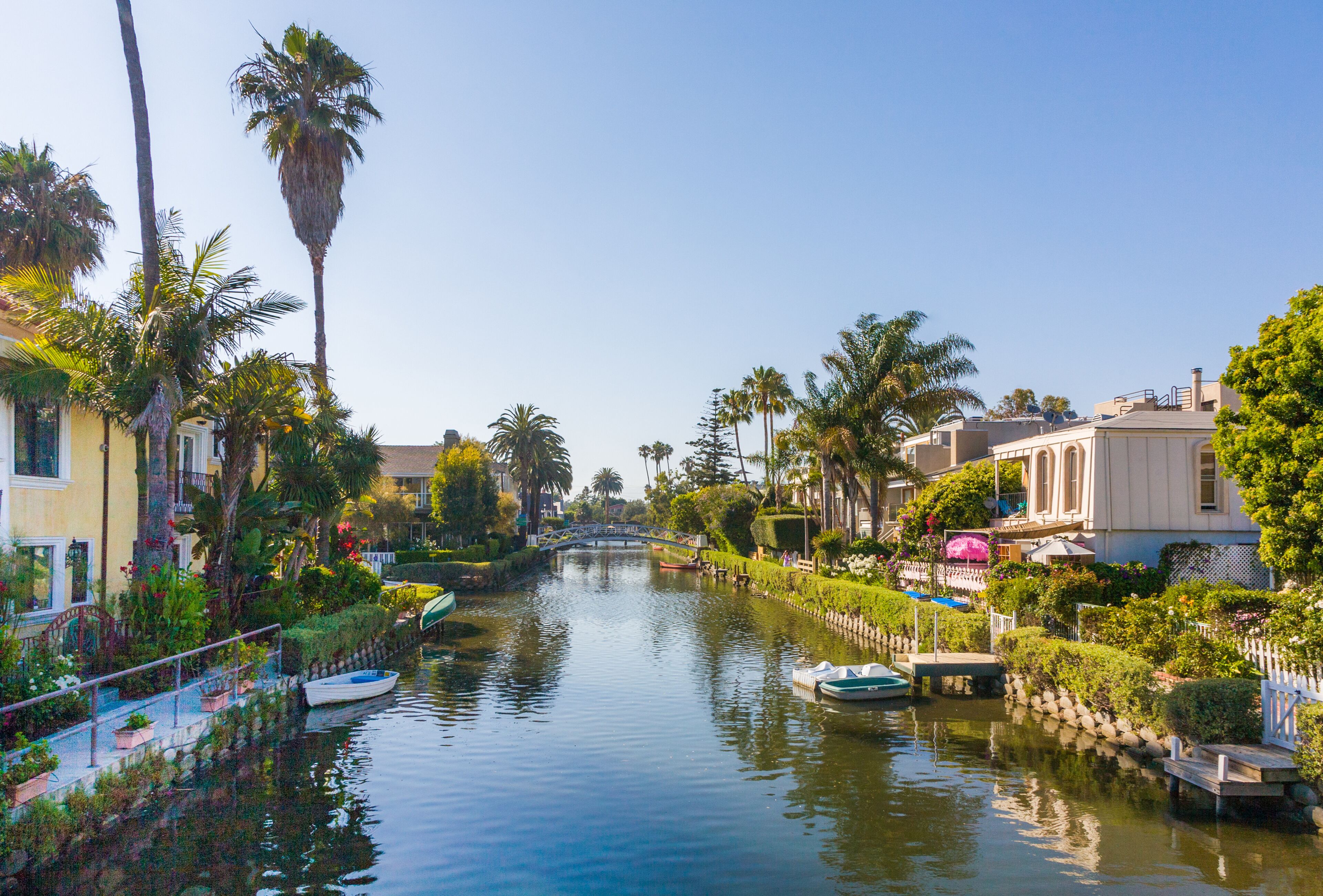 old canals of Venice, build by Abbot Kinney in California, beautiful living area with boats and residential houses.