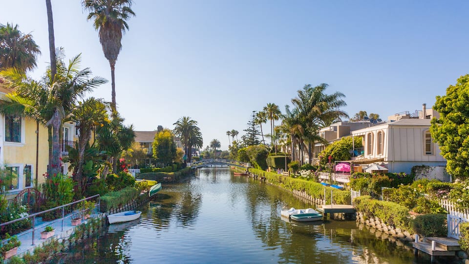 A canal flanked by palm trees and houses with a bridge in the distance.