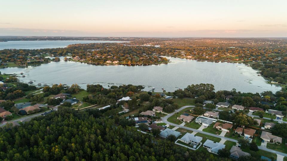 "Clermont, FL / USA - 11-4-2020: Aerial view of the south side of Crescent lake of the Clermont Chain of Lakes."