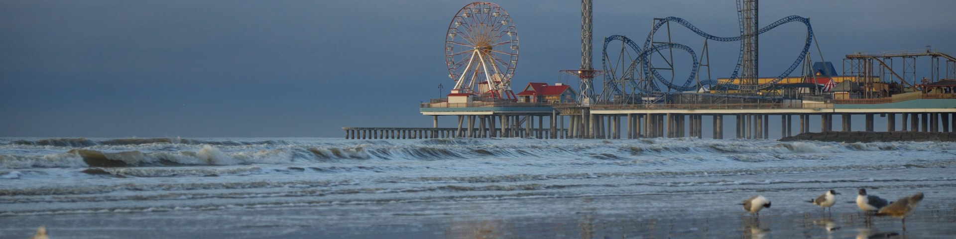 The historic pier and seagulls on the beach in Galveston, Texas USA