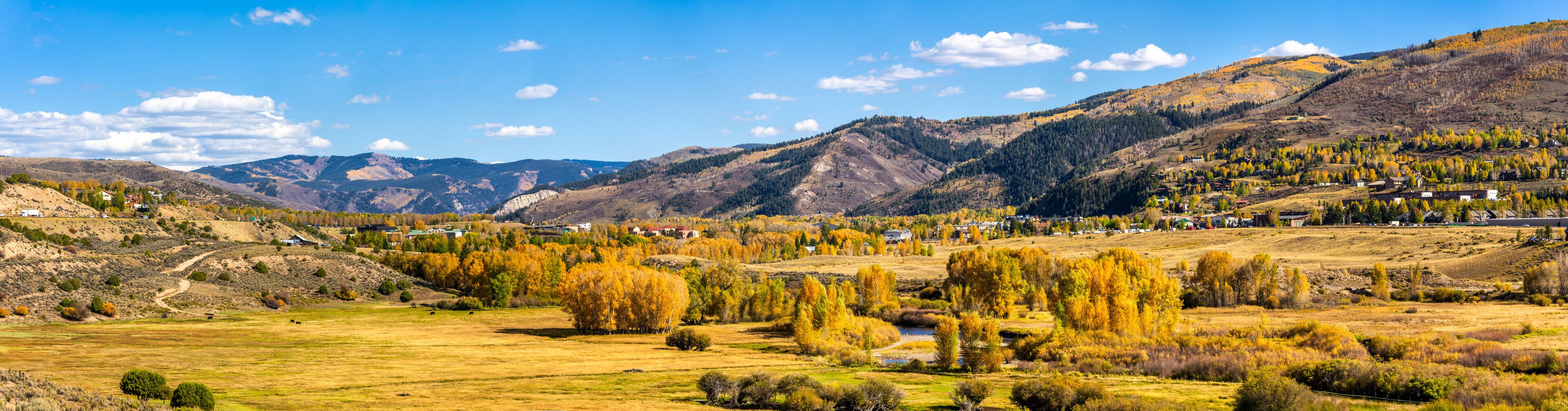Eagle River valley panorama, near Edwards, Colorado, along the I70 highway, with Vail Mountain, Ptarmigan Point and Battle Mountain in the background.