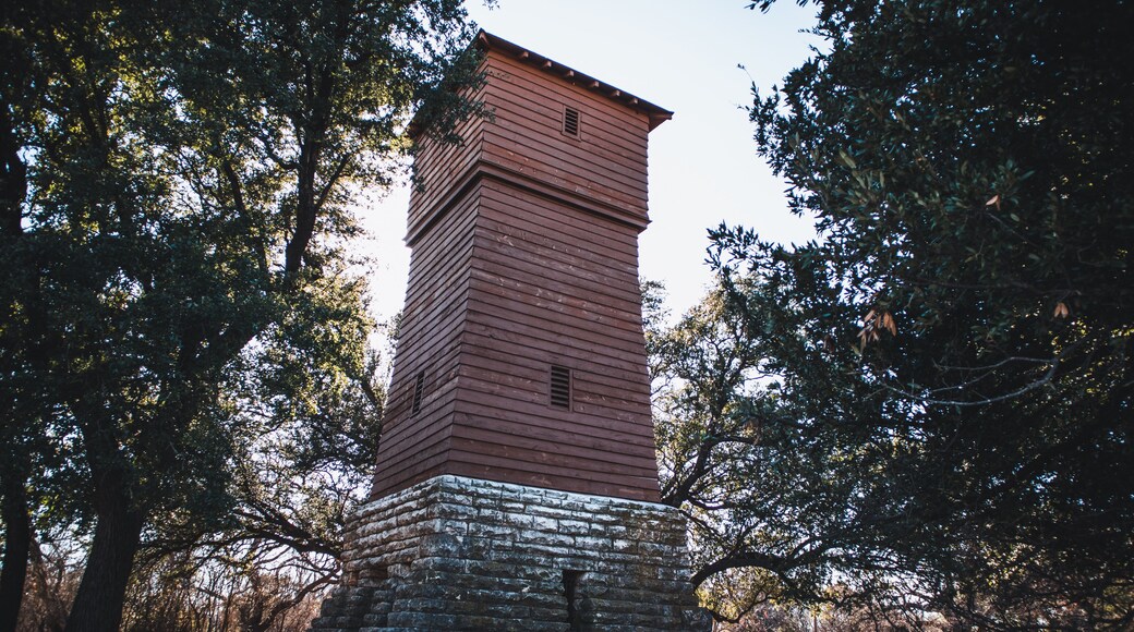 Historic water tower from the 1930s in a wooded area in the Abilene State Park in Texas, USA