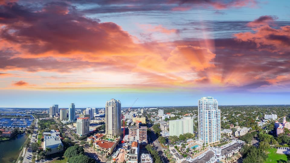 Sunset over Saint Petersburg, Florida - USA. Aerial view