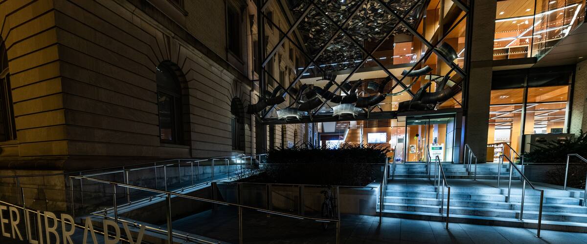 Library entrance at night