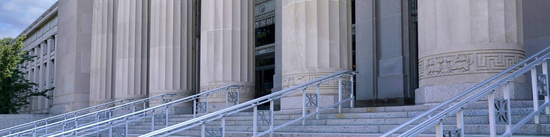 Ann Arbor, Michigan - Entrance to classical style university building with doric columns, Angell Hall at University of Michigan