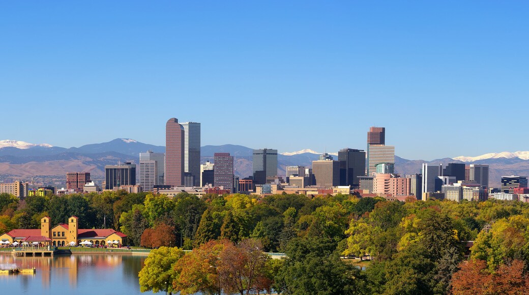 Skyline of Denver downtown with Rocky Mountains