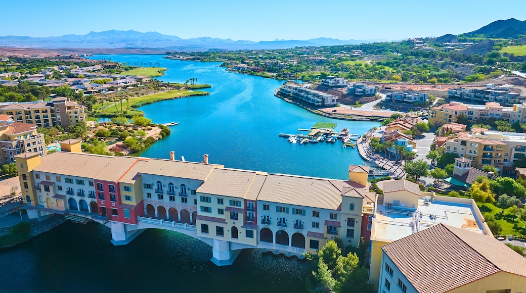 Aerial Waterfront Bridge and Resort Homes Lake Las Vegas Fly Over