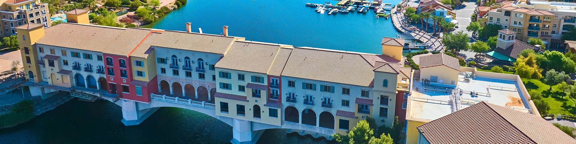 Aerial Waterfront Bridge and Resort Homes Lake Las Vegas Fly Over