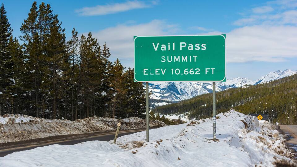 Vail Pass Interstate 70 sign in the Colorado Rocky Mountains