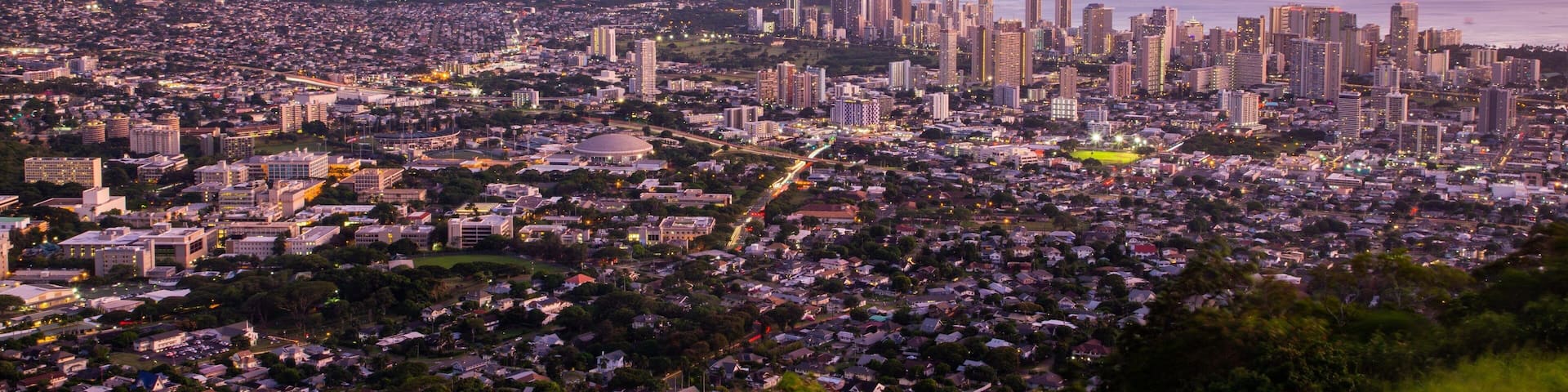 Makiki - Lower Punchbowl - Tantalus showing landscape views, a sunset and a city