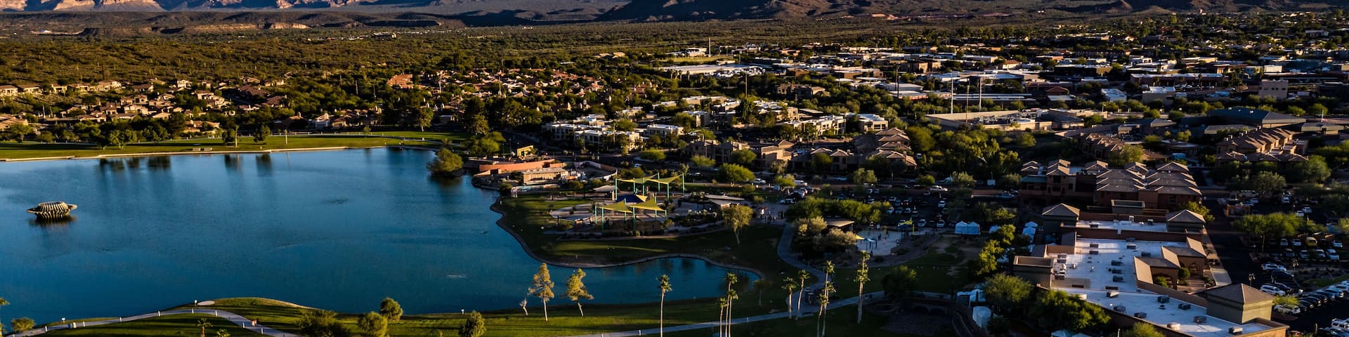 Aerial, drone view of Fountain Hills, Arizona and the surrounding mountains and hills