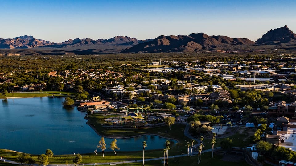 Aerial, drone view of Fountain Hills, Arizona and the surrounding mountains and hills
