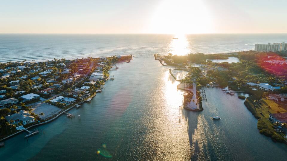 "Jupiter, FL USA 2-3-21: Stunning aerial shot over the Jupiter Inlet in Florida."