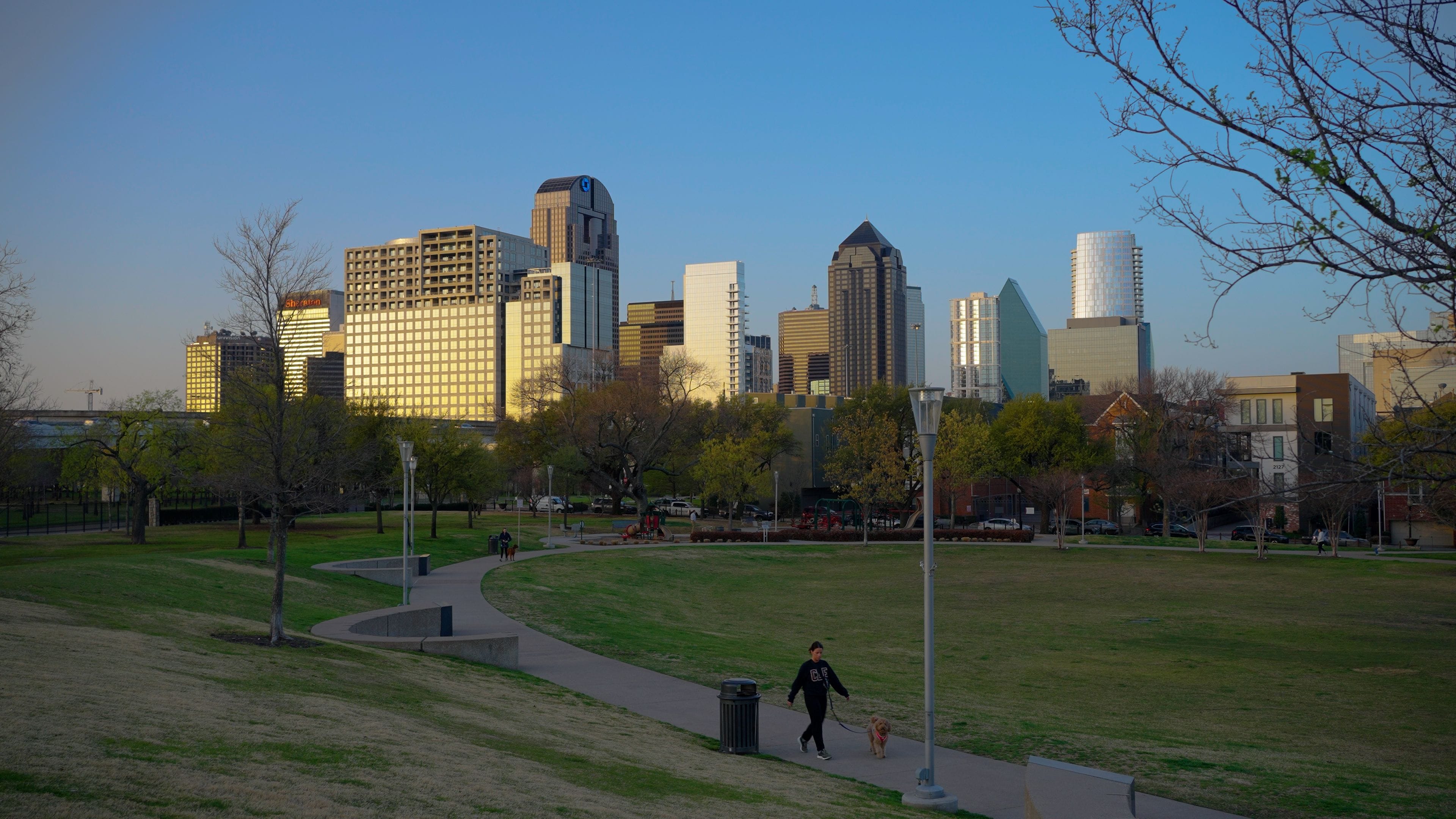 A park with a walking path, trees, and a city skyline in the background.