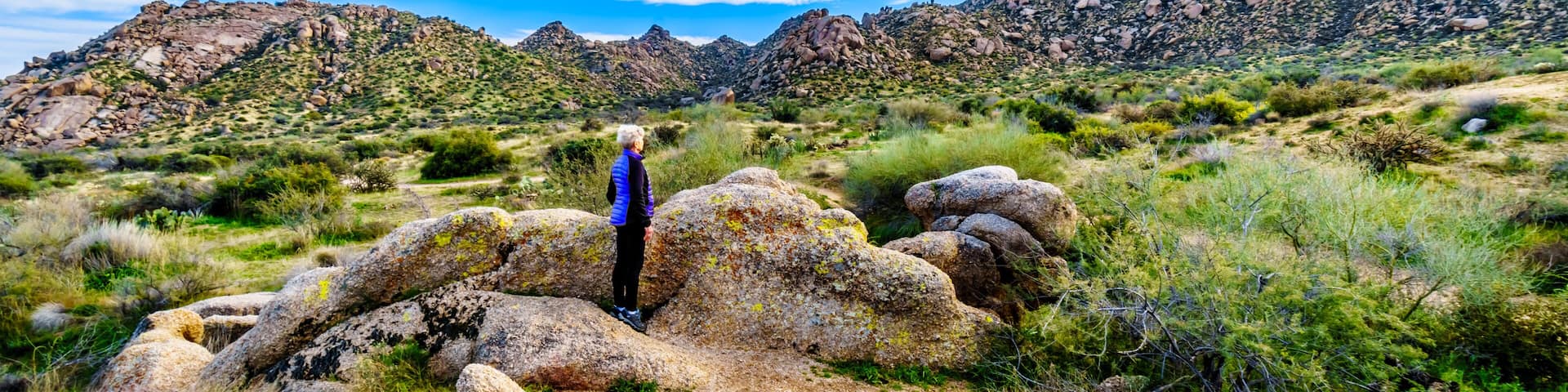 A hiker on a rocky trail with mountains in the background.