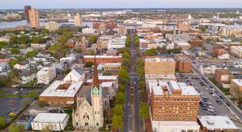 Aerial View over Portsmouth Virginia Across the Elizabeth River to Norfolk