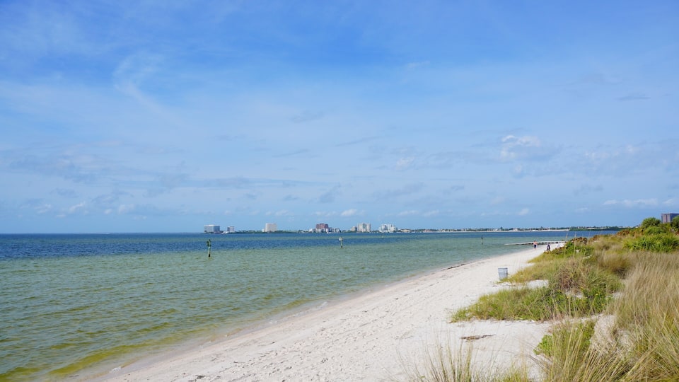 Winter landscape Cypress Point Park and Tampa Bay in Florida. It is close to TPA airport and is an Oceanfront park with a boardwalk, hiking trails, dunes, picnic shelters and a canoe dock.
