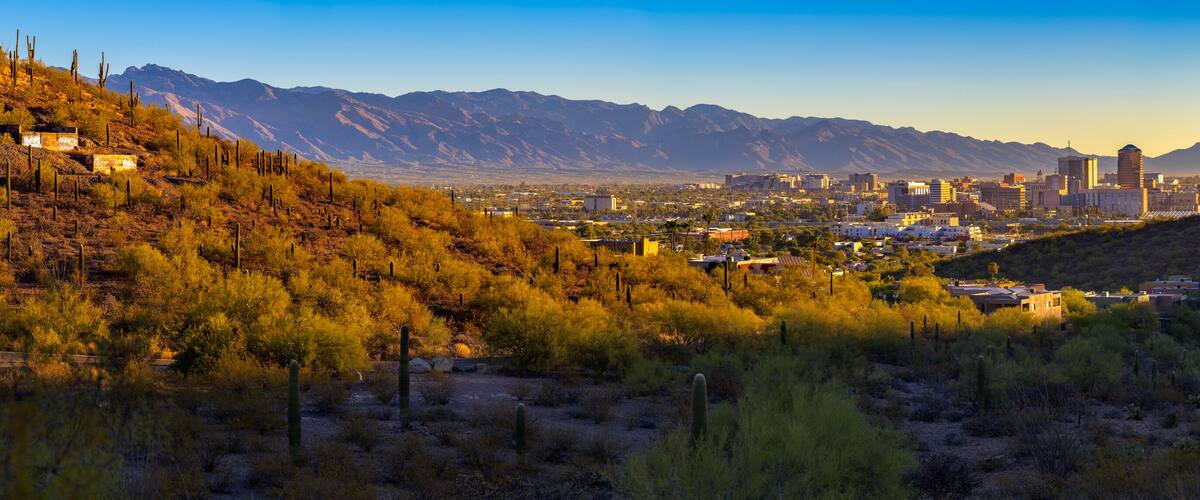 Panoramic view of Tucson, Arizona, with downtown buildings surrounded by desert landscape, saguaro cacti, and Santa Catalina Mountains at sunrise.