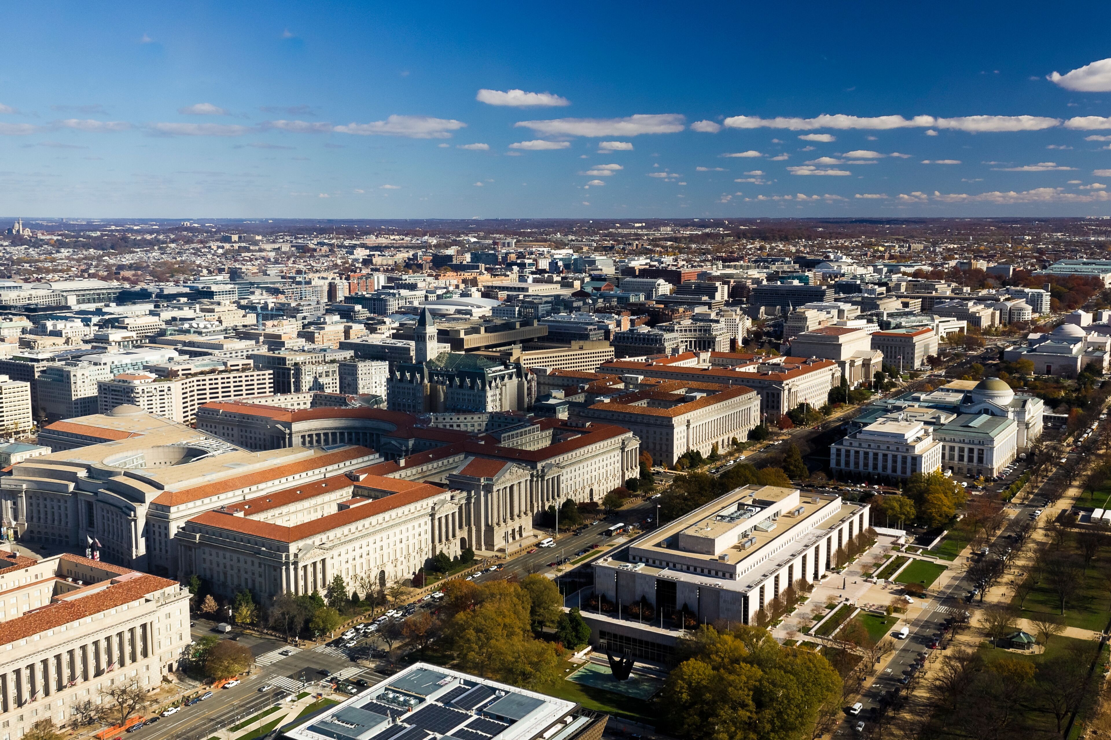 Aerial photo overlooking the Penn Quarter, Constitution Avenue & north-side of the Mall, District of Columbia