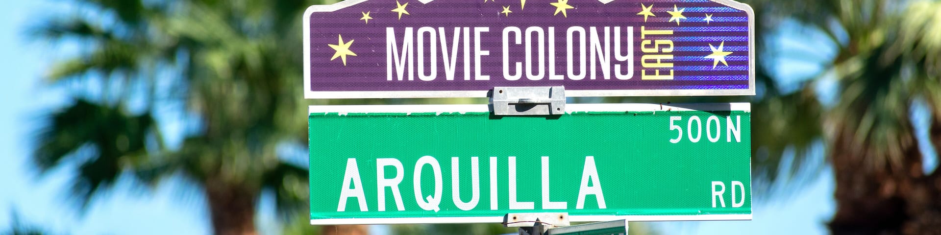 Movie Colony East street sign at residential neighborhood in Palm Springs, California