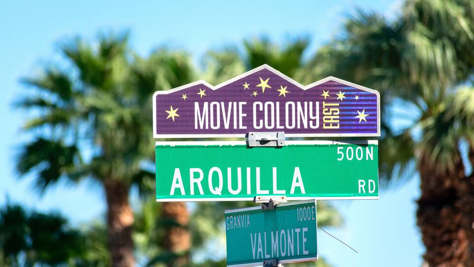 Movie Colony East street sign at residential neighborhood in Palm Springs, California