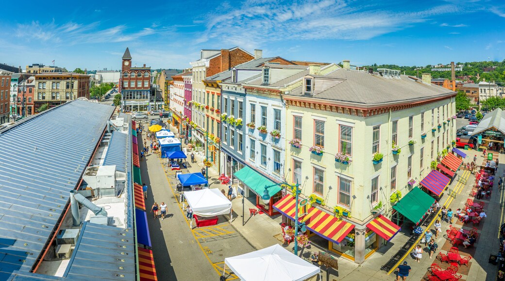 Aerial view of colorful houses at Findlay market in the re-gentrified, up and coming neighborhood Over the Rhine in Cincinnati Ohio USA with street vendors on a sunny summer morning