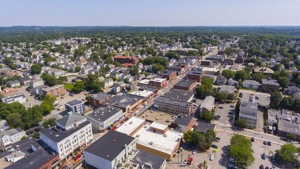 Waltham Moody Street aerial view in city of Waltham, Massachusetts MA, USA. Moody Street is the commercial center of Waltham.