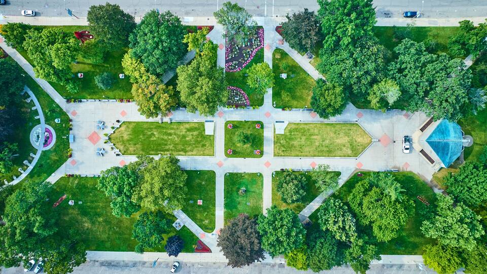 Aerial View of Symmetrical Urban Park and Pathways in Kalamazoo