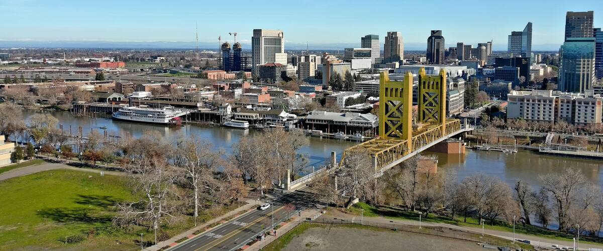 Sacramento, California skyline and river and Old Sacramento.
