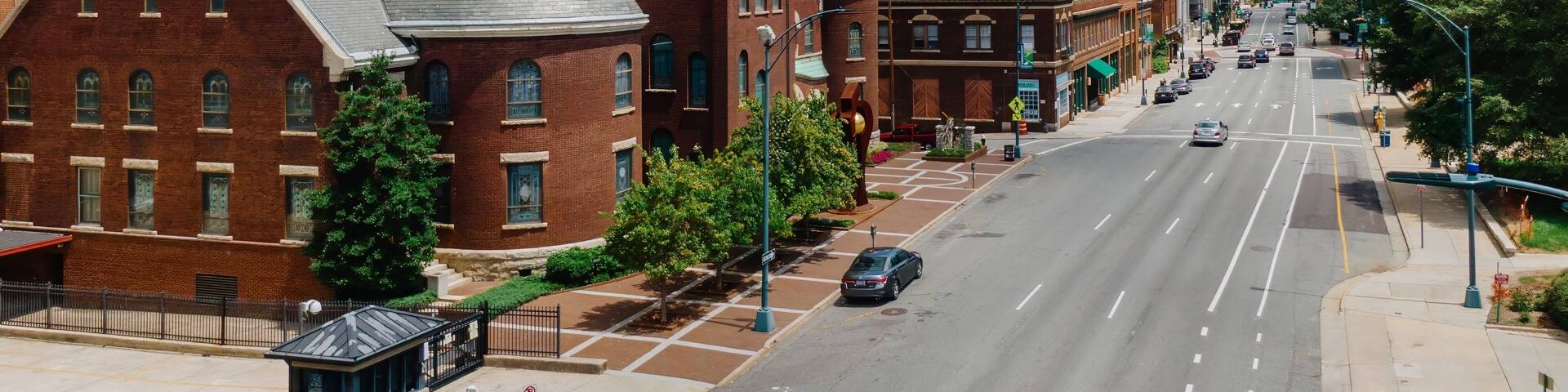 Downtown buildings and West Market Street United Methodist Church, Greensboro, North Carolina, United States.